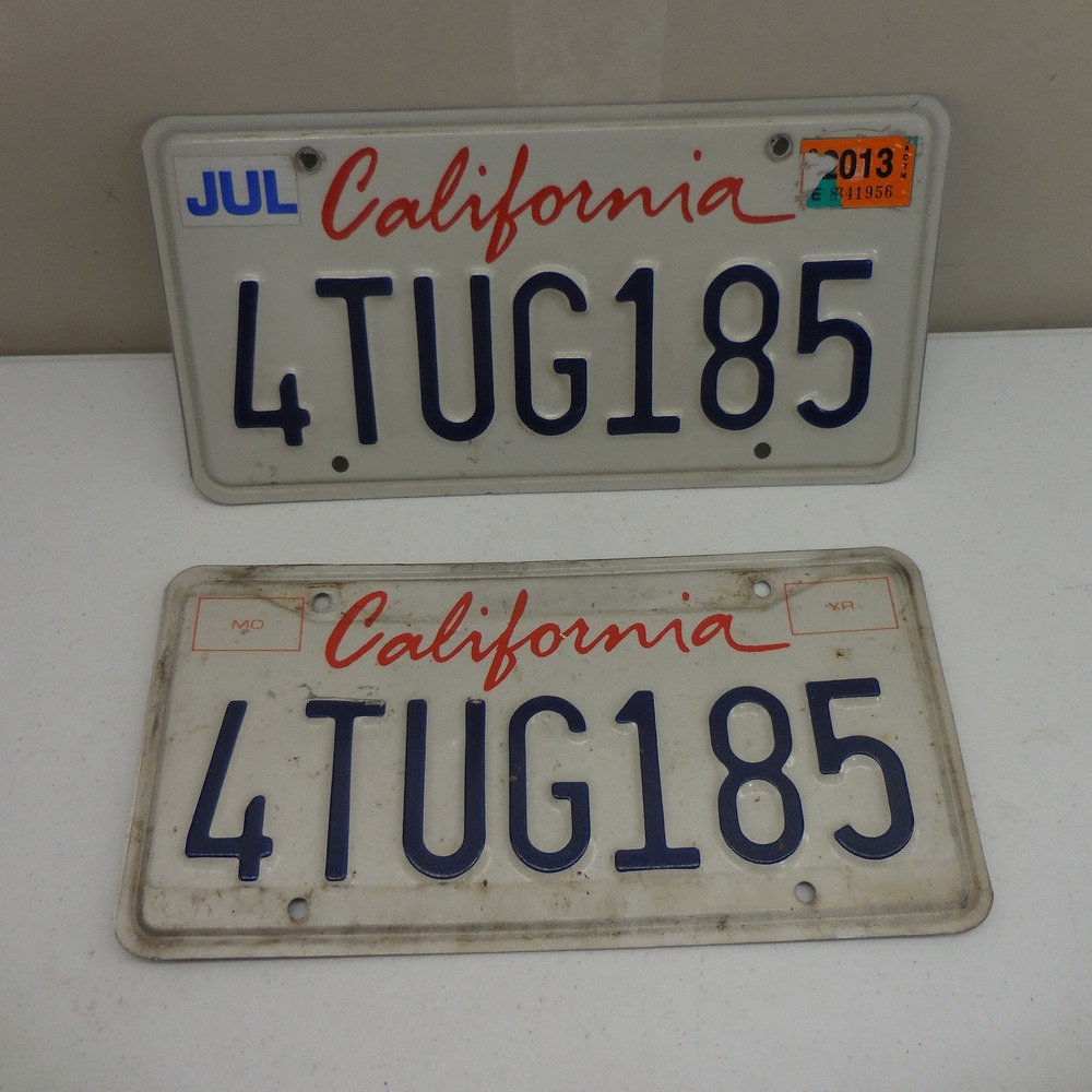 Vintage California License Plates Pair 4TUG185 Blue Red Script Expired 2013